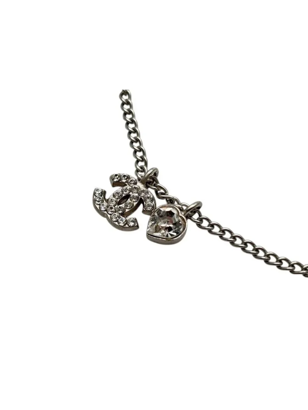 Chanel CC Logo Heart Necklace 04 42 Rhinestone Metal Clear Silver